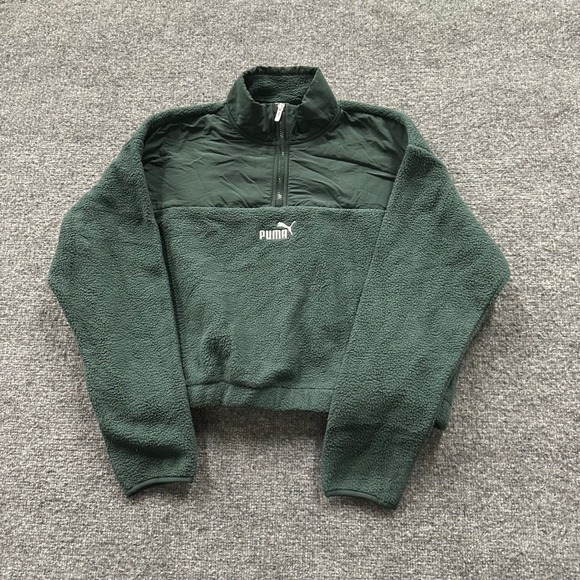 Puma Tops - Puma Fleece Pullover Womens L Green Cropped Sherpa Nylon Overlay Quarter Zip